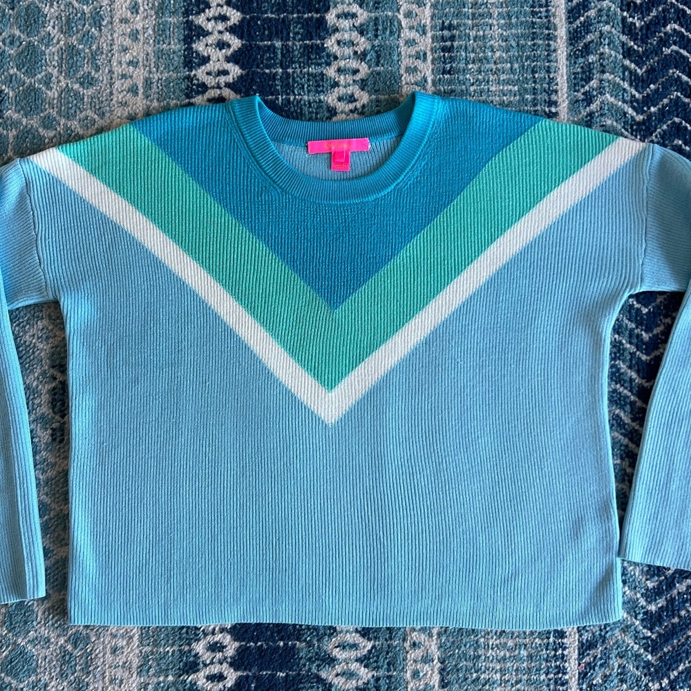 Lilly Pulitzer Rivka Sweater Size: L in Ravello Blue with Chevron Stripe